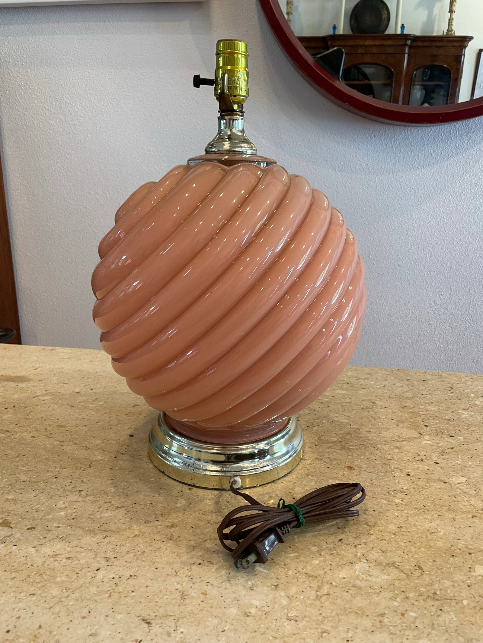 Postmodern Blush Pink Ribbed Glass Lamp With Polished Brass Base - 9
