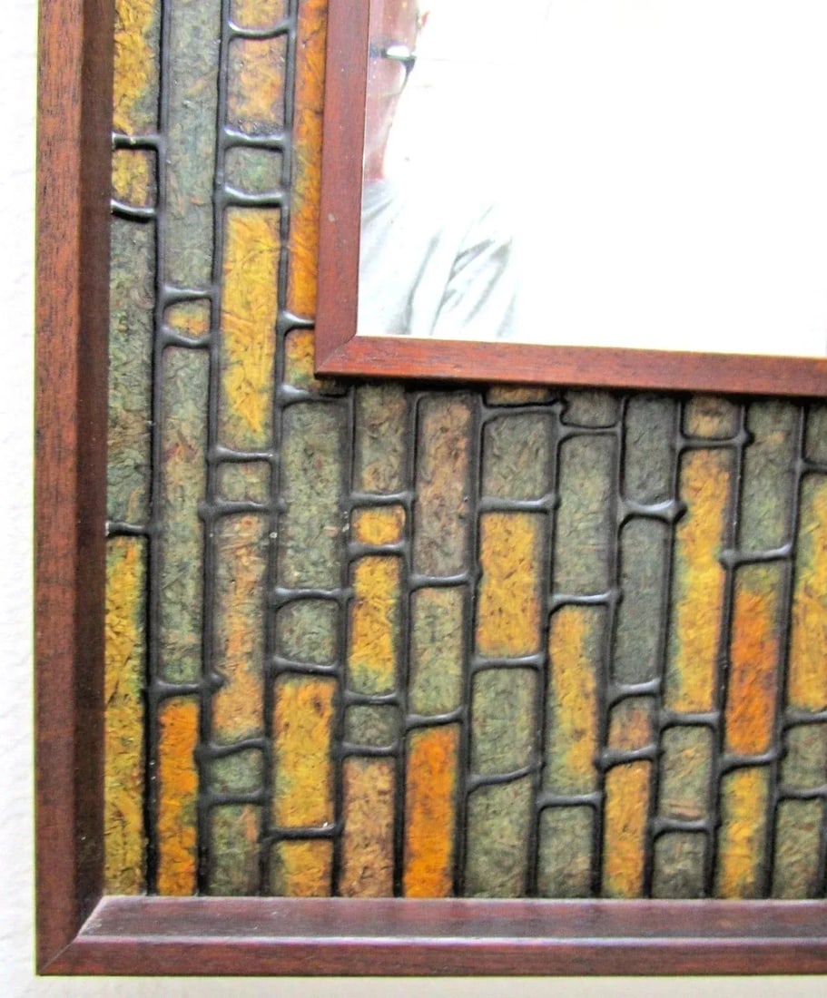 Vintage Walnut Mid-Century Modern Faux Tile Brutalist Wall Mirror - 10