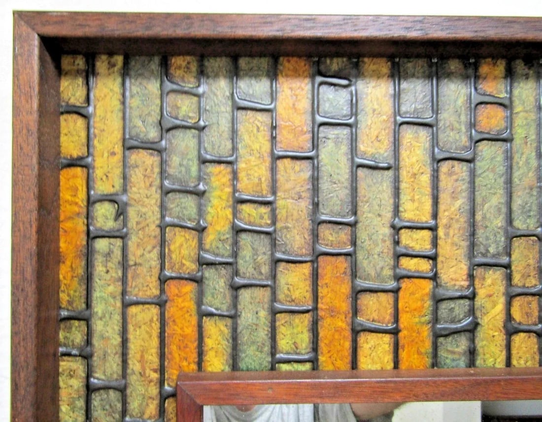 Vintage Walnut Mid-Century Modern Faux Tile Brutalist Wall Mirror - 11