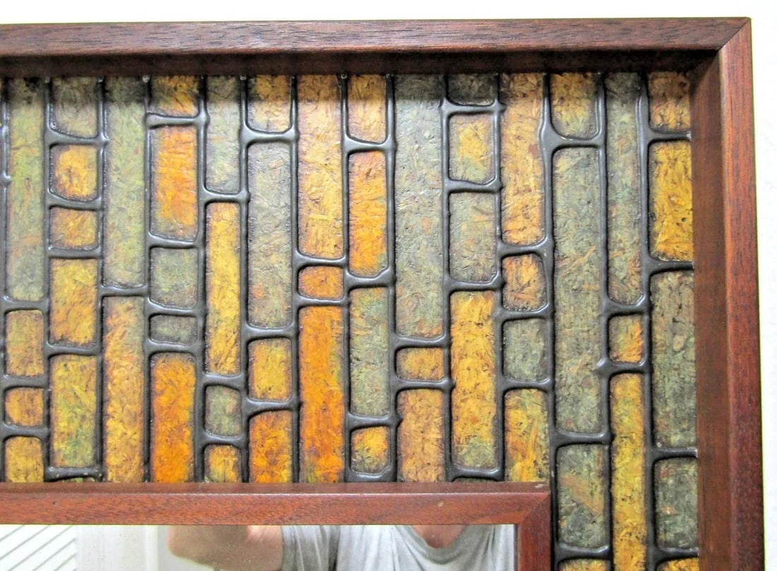 Vintage Walnut Mid-Century Modern Faux Tile Brutalist Wall Mirror - 12