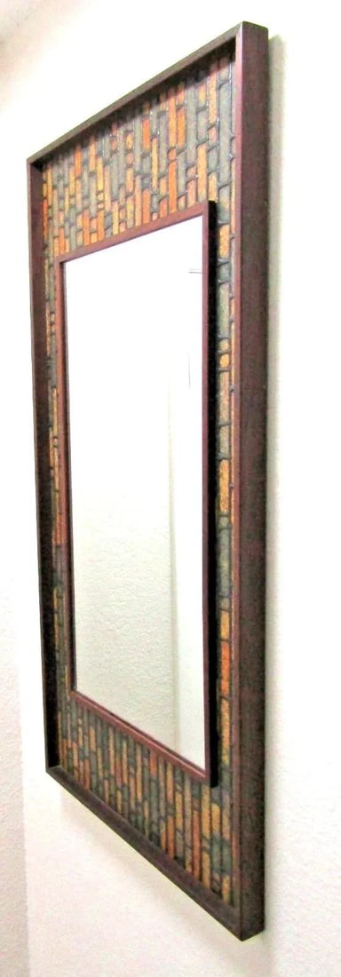 Vintage Walnut Mid-Century Modern Faux Tile Brutalist Wall Mirror - 13
