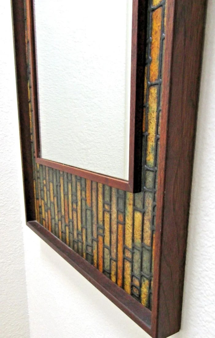 Vintage Walnut Mid-Century Modern Faux Tile Brutalist Wall Mirror - 14