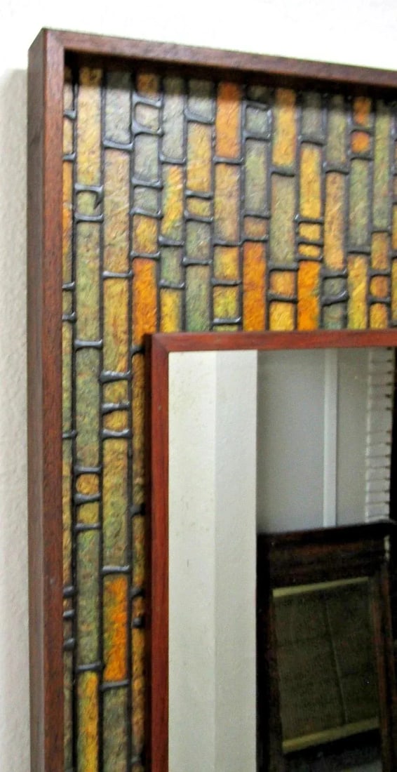 Vintage Walnut Mid-Century Modern Faux Tile Brutalist Wall Mirror - 15