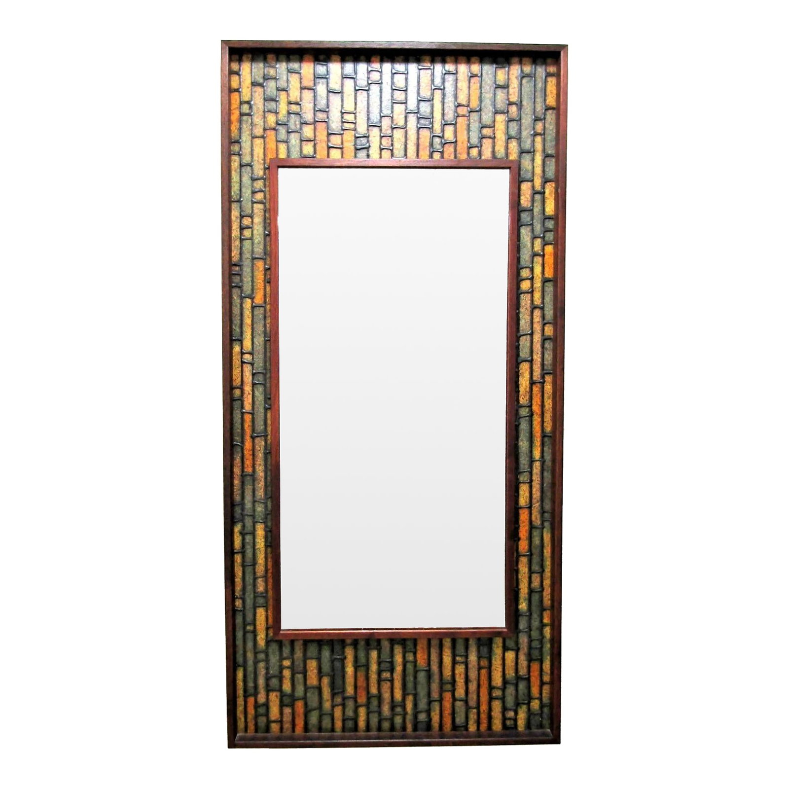 Vintage Walnut Mid-Century Modern Faux Tile Brutalist Wall Mirror: his Vintage Walnut Mid-Century Modern Faux Tile Brutalist Wall Mirror is a stunning piece that captures the essence of the era with its brown color and Mid-Century Modernism style. It features a