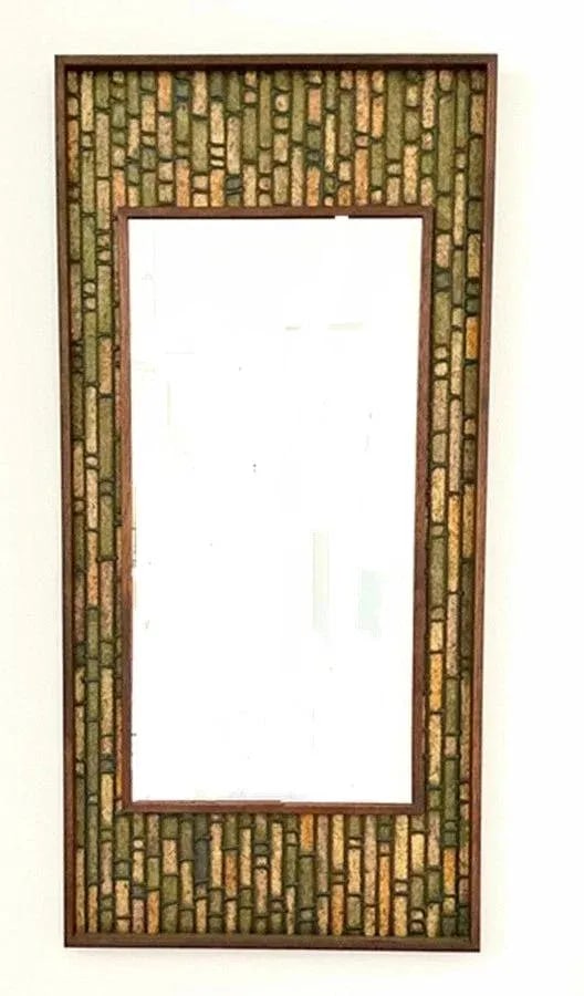 Vintage Walnut Mid-Century Modern Faux Tile Brutalist Wall Mirror - 2