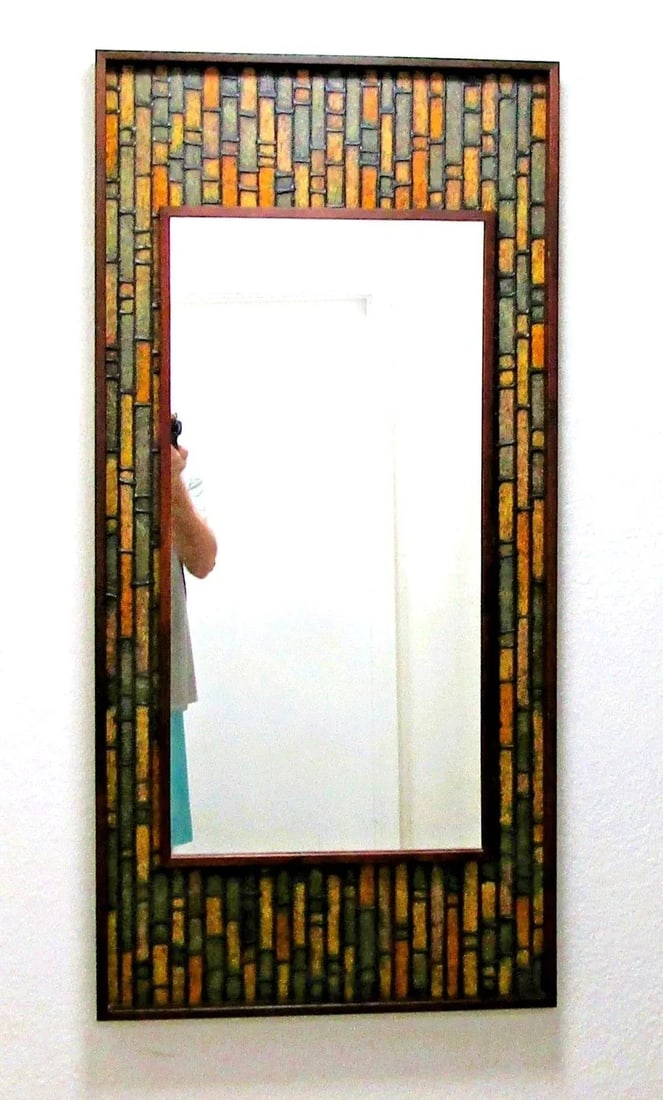 Vintage Walnut Mid-Century Modern Faux Tile Brutalist Wall Mirror - 3
