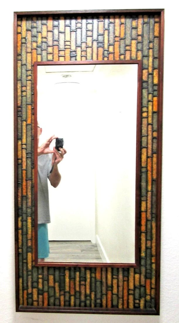 Vintage Walnut Mid-Century Modern Faux Tile Brutalist Wall Mirror - 4