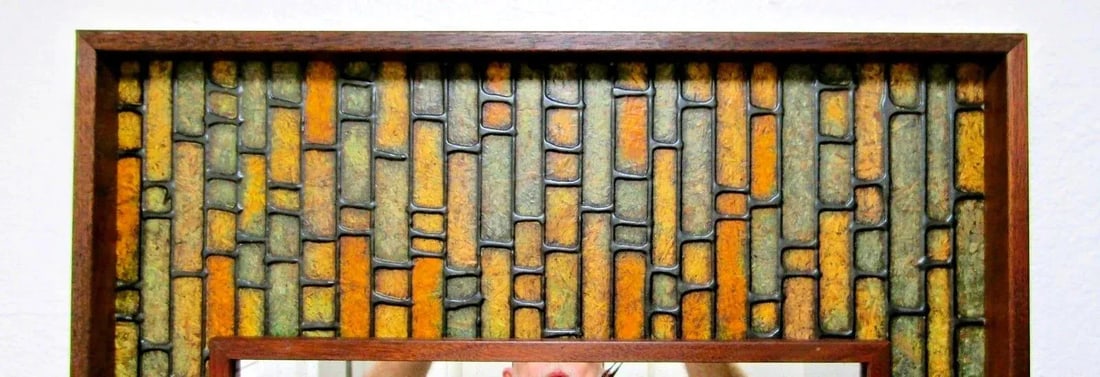 Vintage Walnut Mid-Century Modern Faux Tile Brutalist Wall Mirror - 5