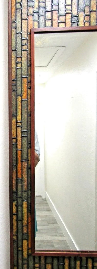 Vintage Walnut Mid-Century Modern Faux Tile Brutalist Wall Mirror - 6