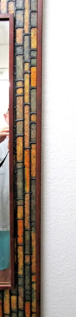 Vintage Walnut Mid-Century Modern Faux Tile Brutalist Wall Mirror - 7