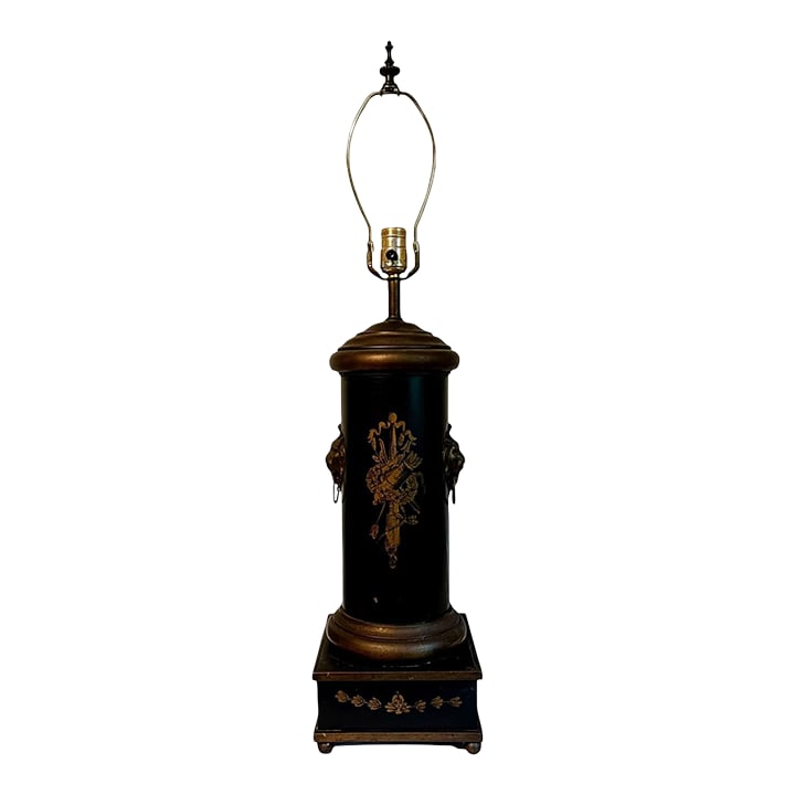 Early 19th Century French Lion Head Tole Tea Canister Lamp: Early 19th Century French Pot Pourri Lion Head Tole Canister Lamp Rare early 19th Century cylindrical pot pourri canister tin in sheet metal decorated with gilt lion heads and hand painted gold design