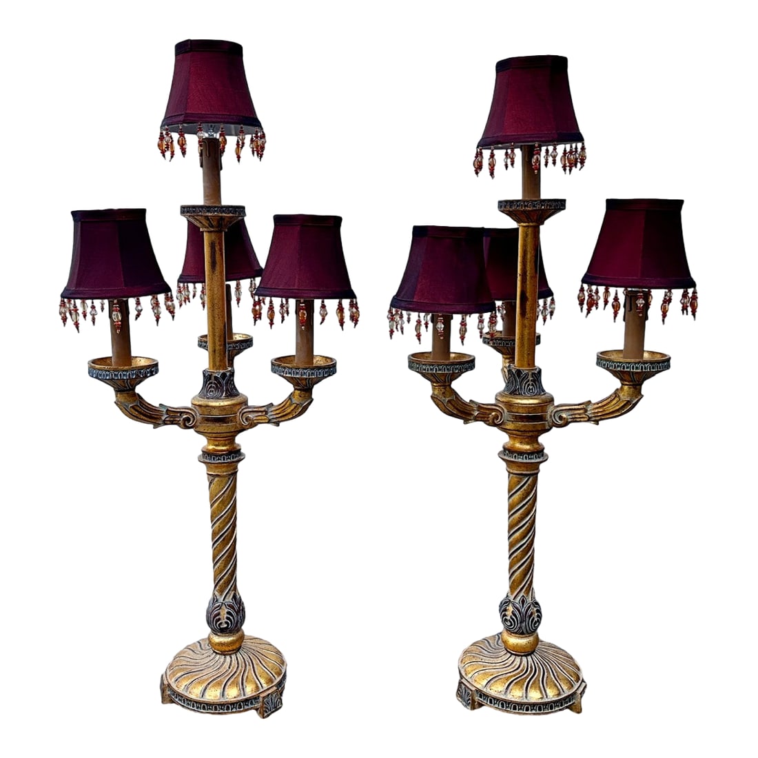 Vintage Bombay French Empire Style Gilt Carved Wood Candelabra Lamps - A Pair (1 of 6)