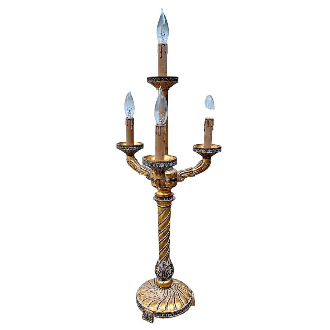 Vintage Bombay French Empire Style Gilt Carved Wood Candelabra Lamps - A Pair - 3