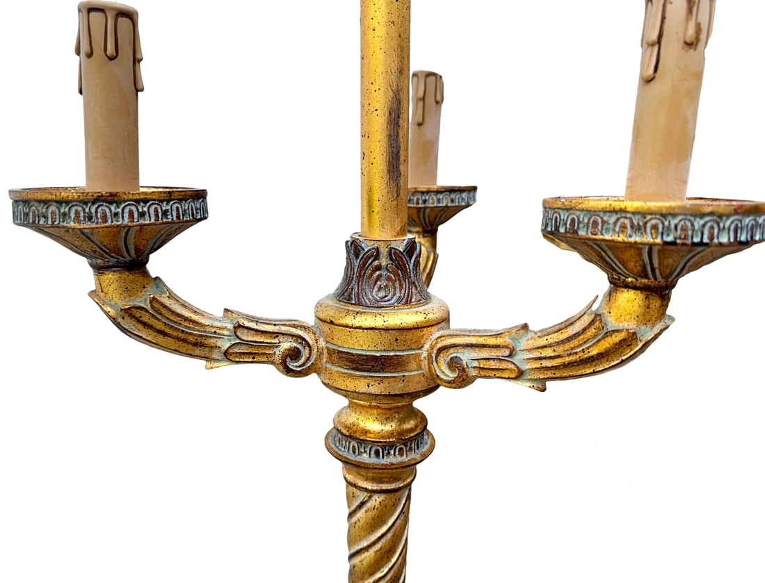 Vintage Bombay French Empire Style Gilt Carved Wood Candelabra Lamps - A Pair - 4