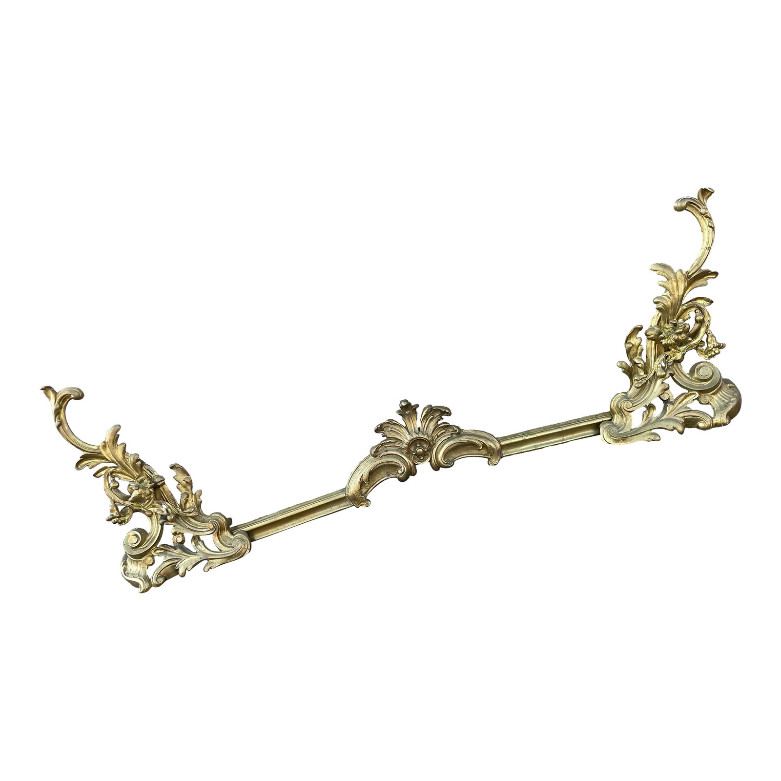 Late 19th Century French Rococo Floral & Swirl Pattern Chenets & Fender 3 PCS Set: Very sweet pair of brass fireplace chenets or andirons in a rococo style swirl and flower pattern with a fender that is not attached and has a coordinating pattern at it's center. The pair of chenets 