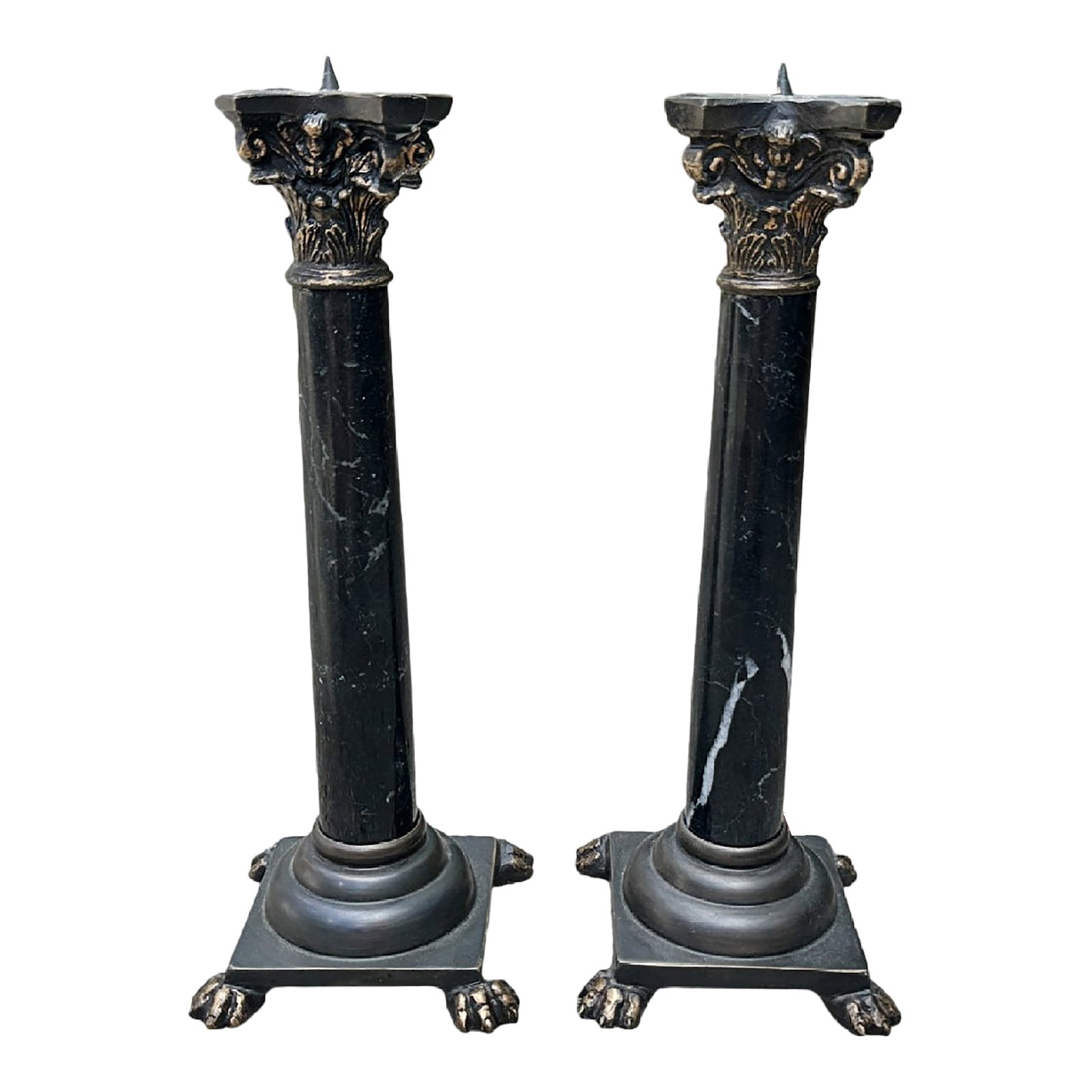 Antique Empire Bronze & Black Marble Lion Paw Pique Candlesticks Candle Holders: Antique Empire Bronze & Black Marble Lion Paw Candlesticks - A Pair Antique bronze & black marble pique-cierge French Empire candlesticks, circa 1830's. These feature Corinthian style columns with