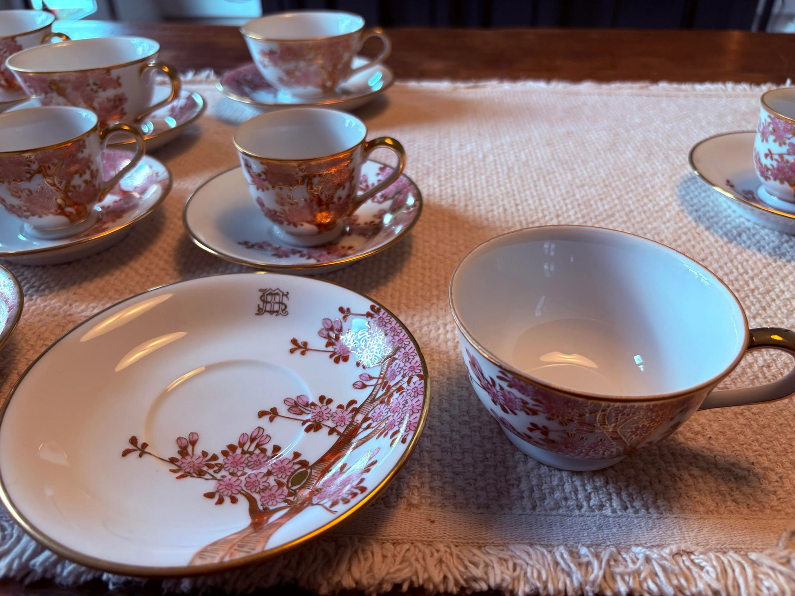 Vintage Tea and Espresso Cup Set Featuring Handpainted and Gilted Cherry Blossoms - 22 Piece Set - 4