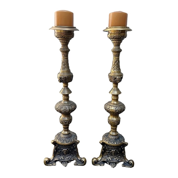 Antique Castilian Art Nouveau Medieval Ornate Pique-Cierge Brass Candle Stands Holders: Antique Castilian Art Nouveau Ornate Pique-Cierge Brass Candle Holders 24" H This is a pair of tall antique early 20th century pique-cierge candle stands that are solid brass with exquisite details.