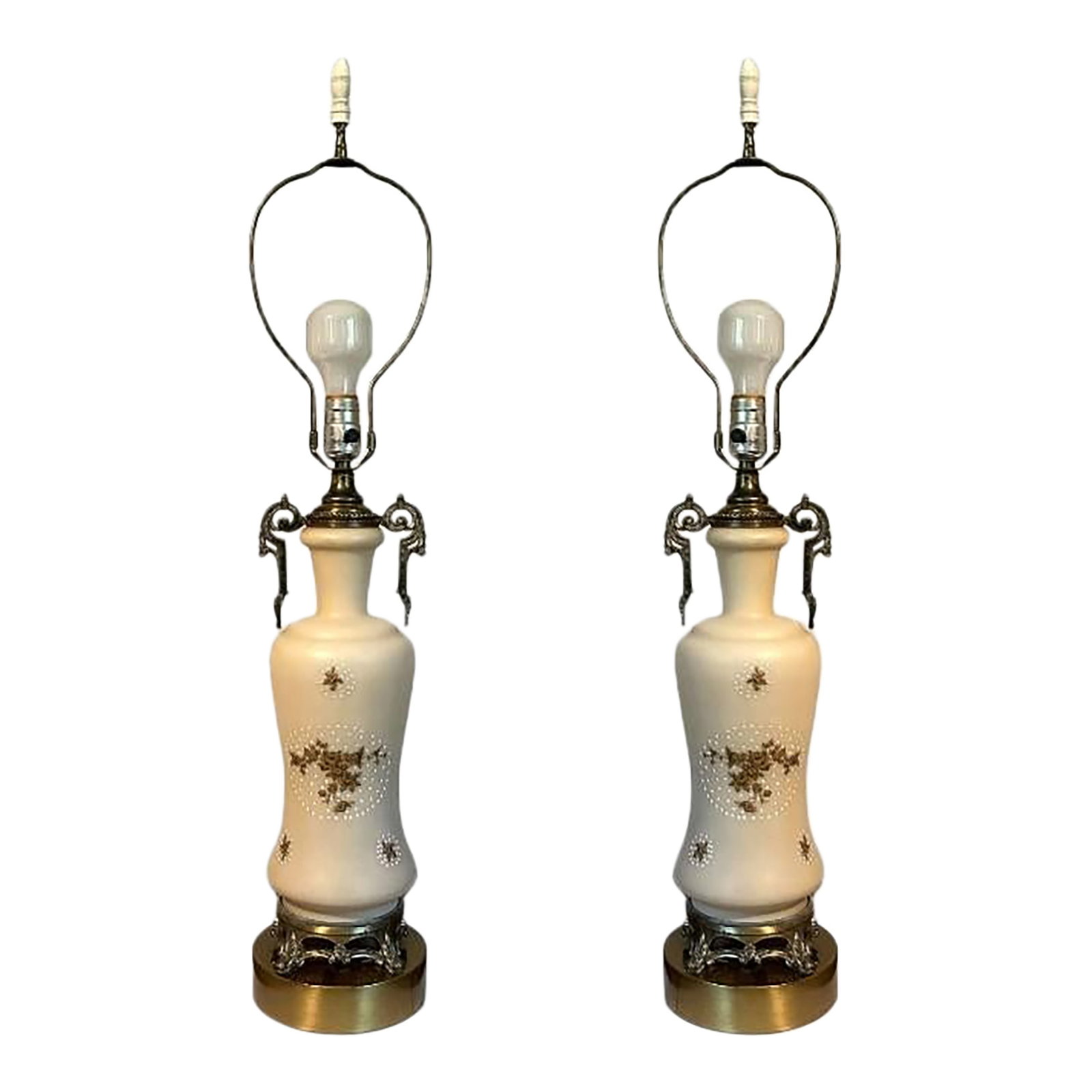 Vintage French Rococo Revival Vase Form Lamps W/Gilt Brass Scrolled Handles - A Pair (1 of 7)