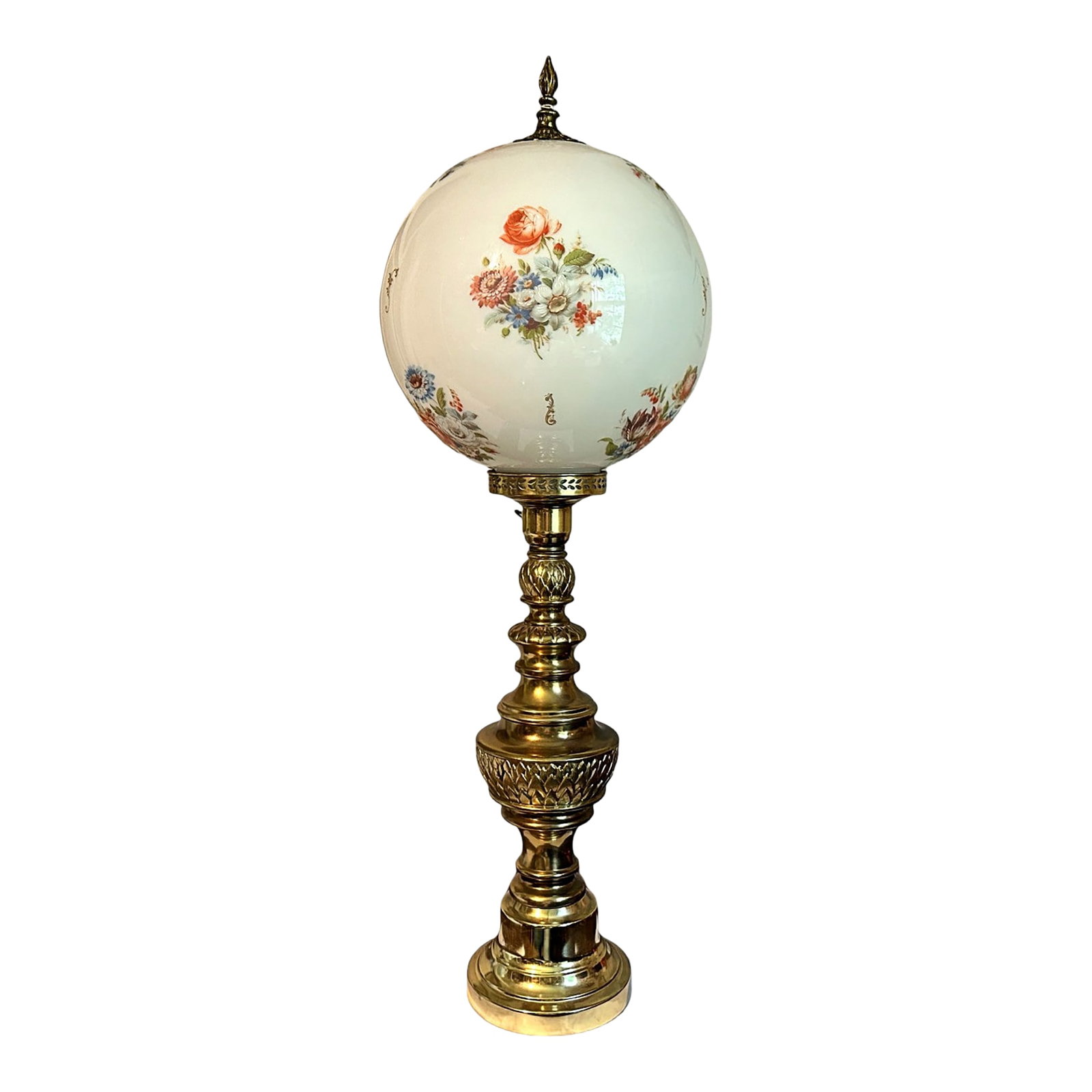 Vintage Victorian Revival Brass Lamp W/Milk Glass Rose Globe Shade (1 of 7)