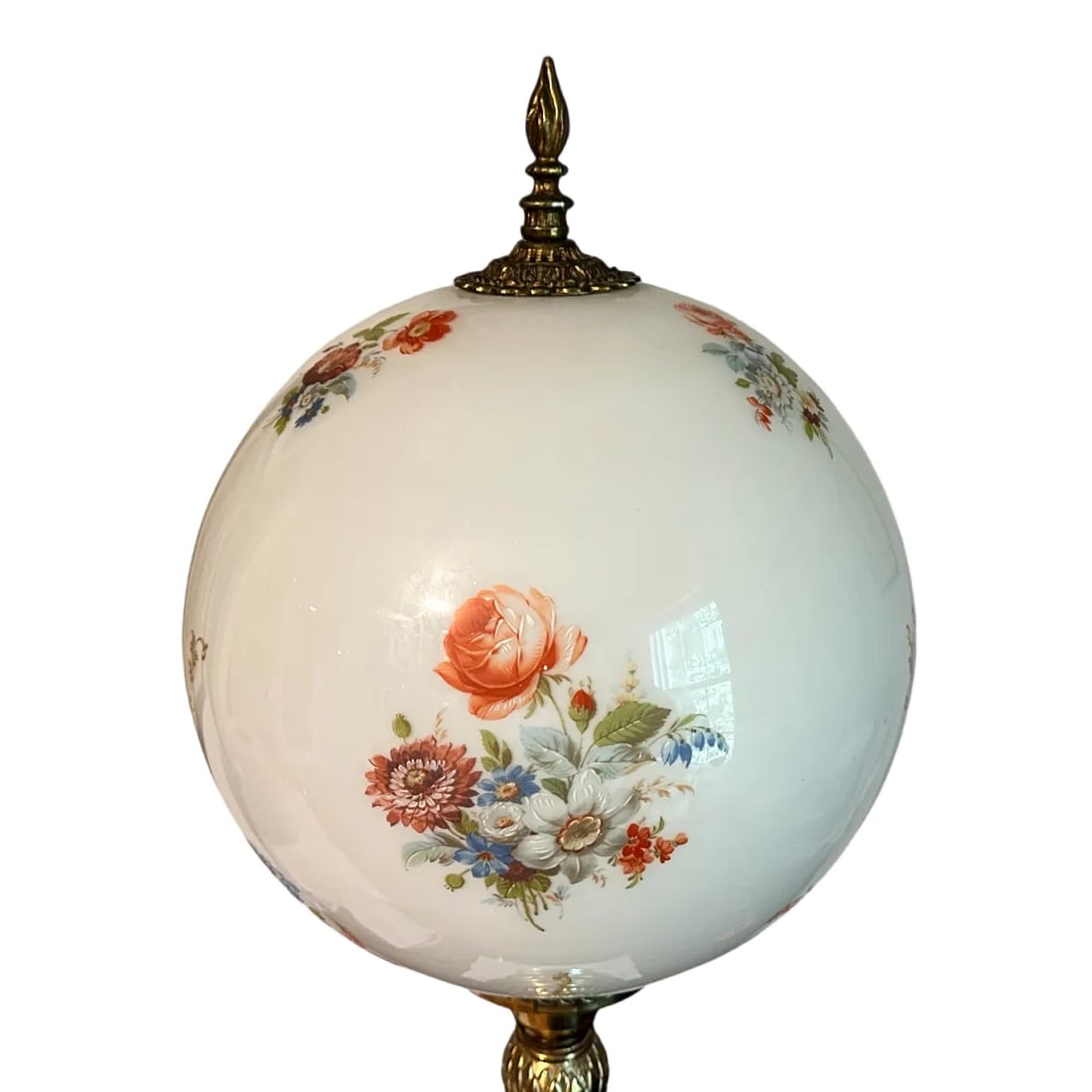 Vintage Victorian Revival Brass Lamp W/Milk Glass Rose Globe Shade - 2