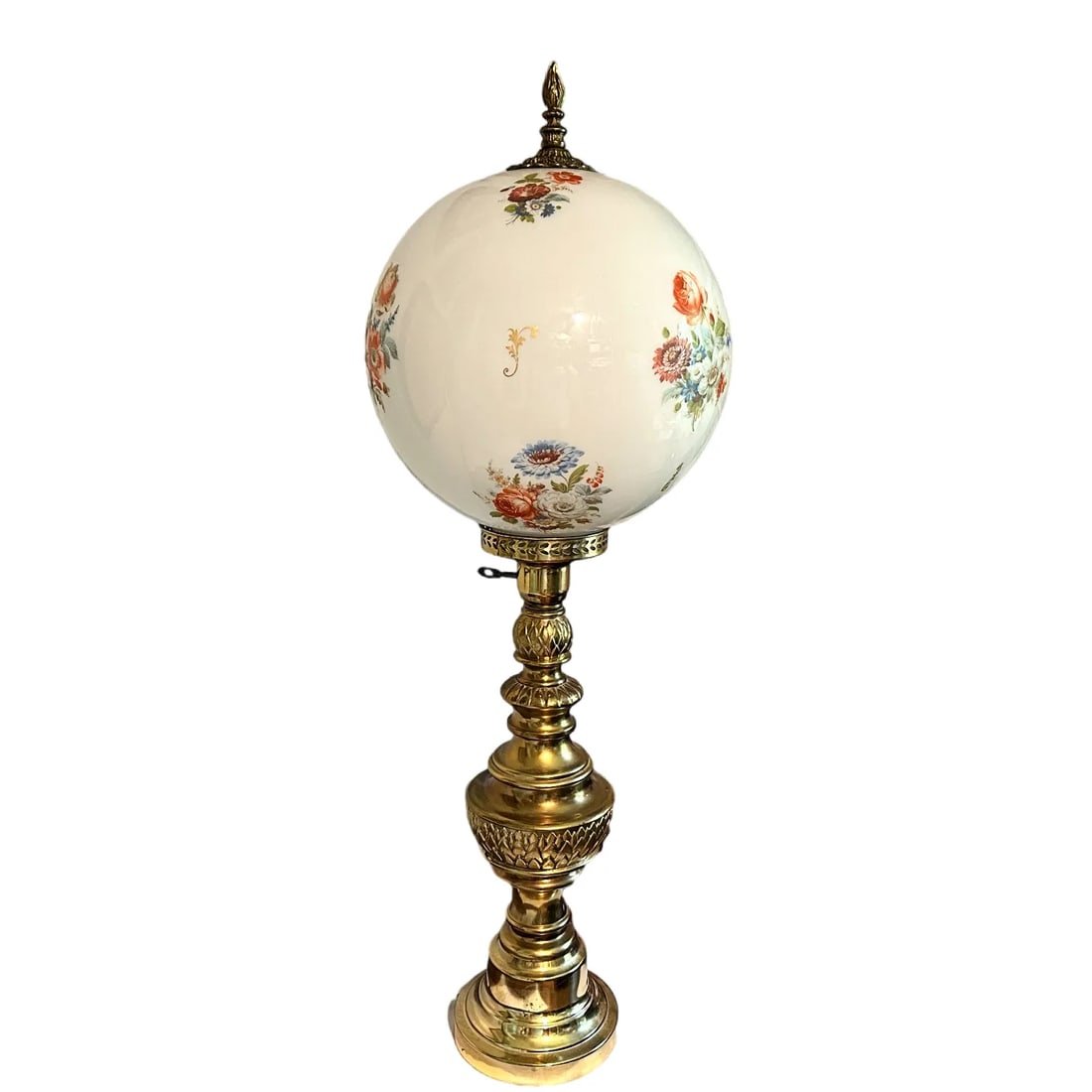 Vintage Victorian Revival Brass Lamp W/Milk Glass Rose Globe Shade - 3
