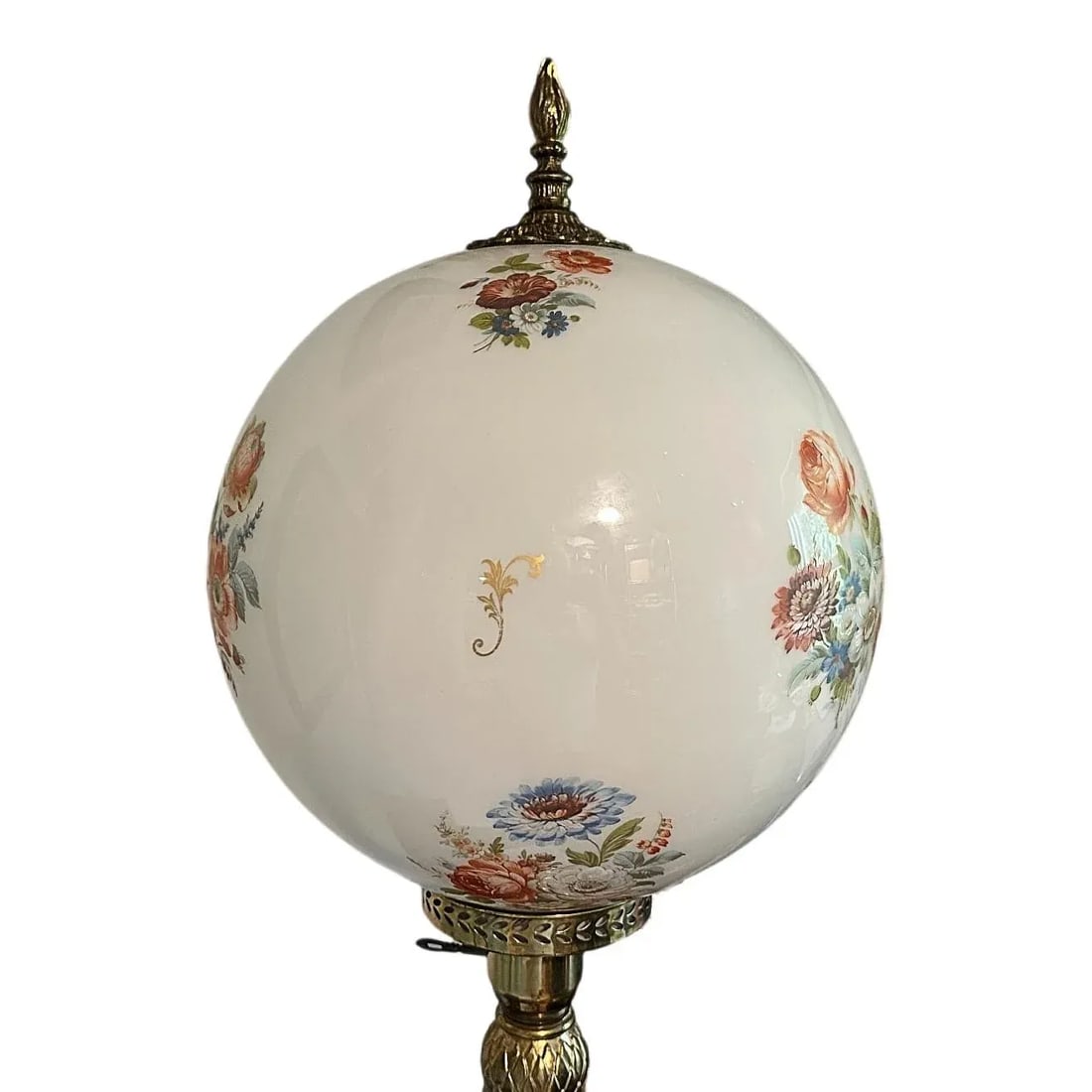 Vintage Victorian Revival Brass Lamp W/Milk Glass Rose Globe Shade - 4