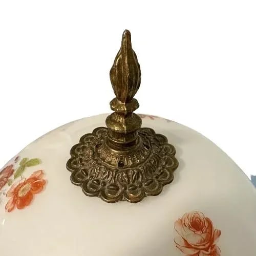 Vintage Victorian Revival Brass Lamp W/Milk Glass Rose Globe Shade - 5