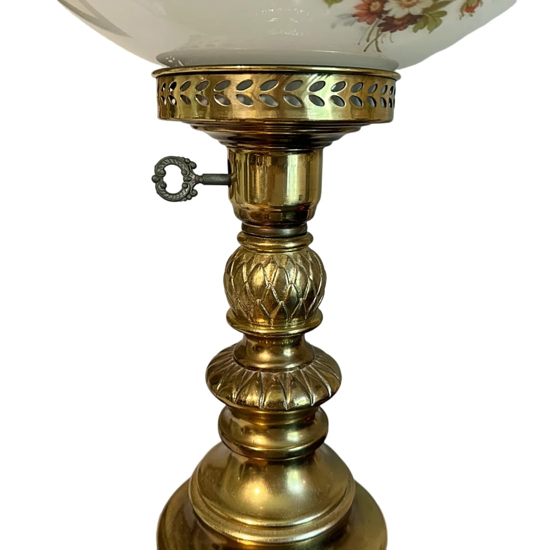 Vintage Victorian Revival Brass Lamp W/Milk Glass Rose Globe Shade - 7