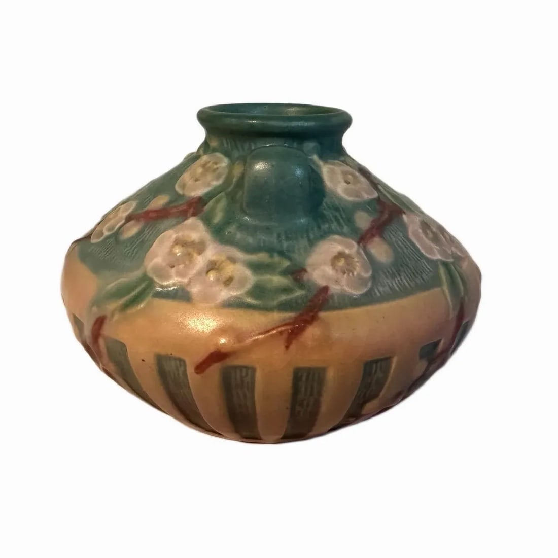 Vintage 1930s Roseville Pottery Cherry Blossom Jardiniere Vase in Pink & Green - 2