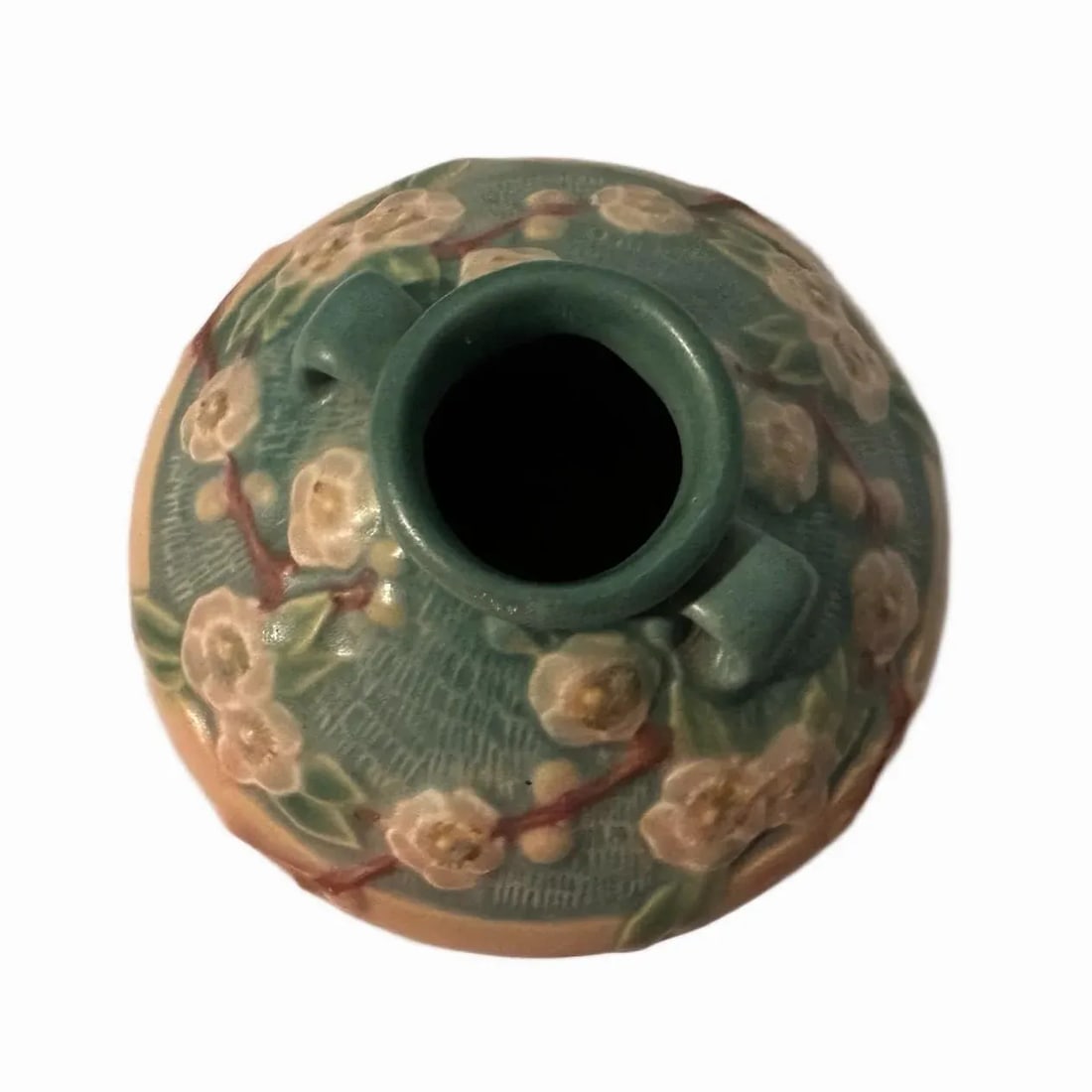 Vintage 1930s Roseville Pottery Cherry Blossom Jardiniere Vase in Pink & Green - 3