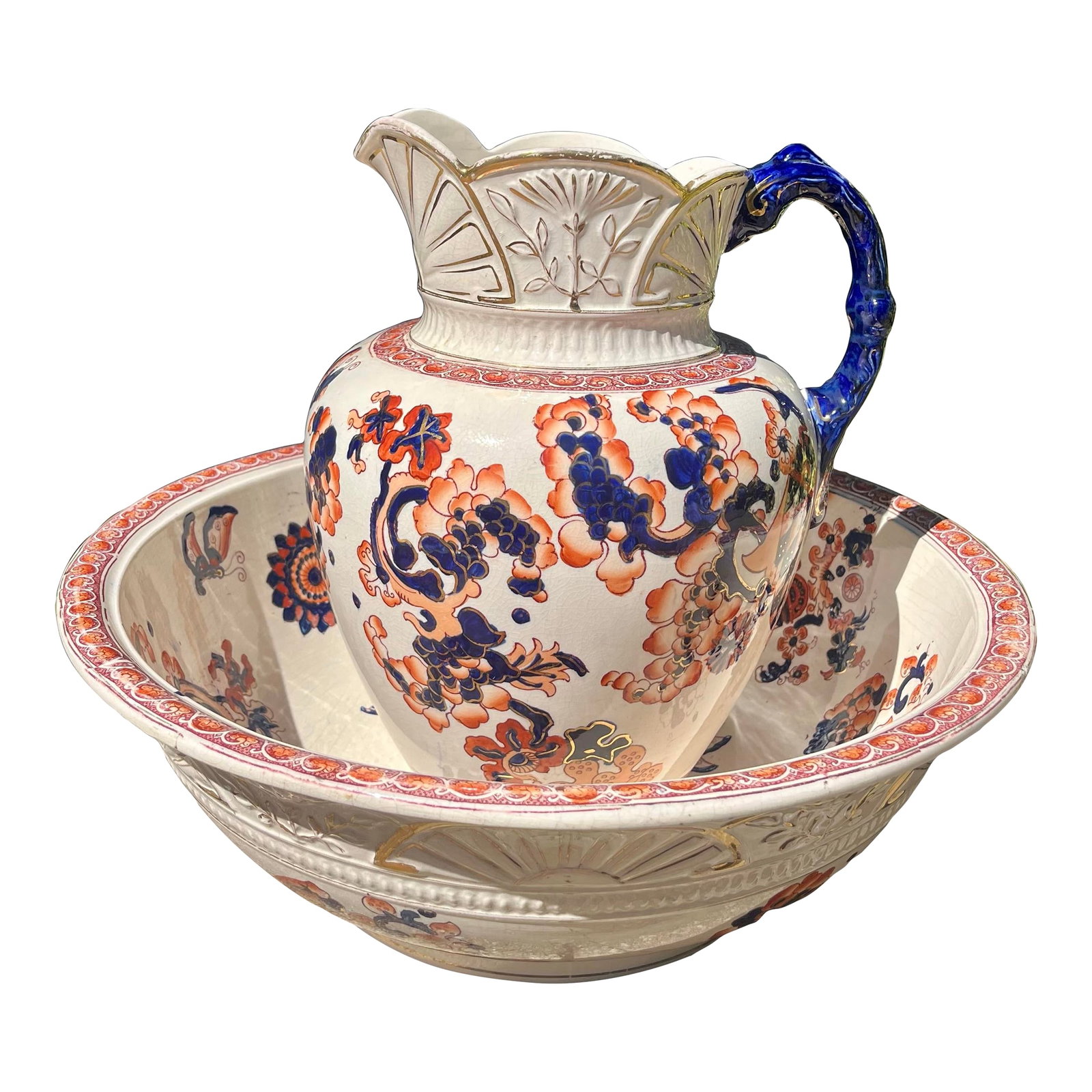 Antique S F & Co Indian Pattern Pitcher/Wash Basin Set: Antique Simon Fielding and Company (SF & Co) imari style pitcher and bowl set in the"Indian" pattern. Production dates: 1850-1899 Pitcher- 10"L x 8.5"W x 12.25"H. Basin- 16.25"L x 5.5"H Condition: Alt