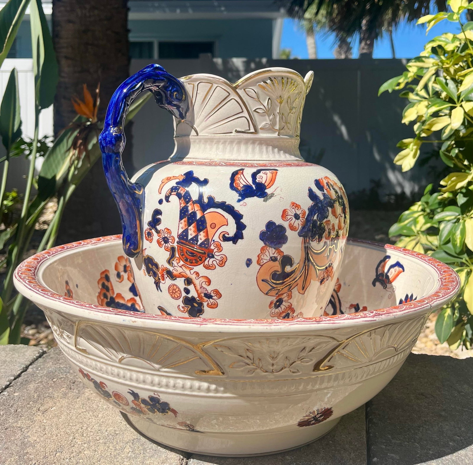 Antique S F & Co Indian Pattern Pitcher/Wash Basin Set - 6