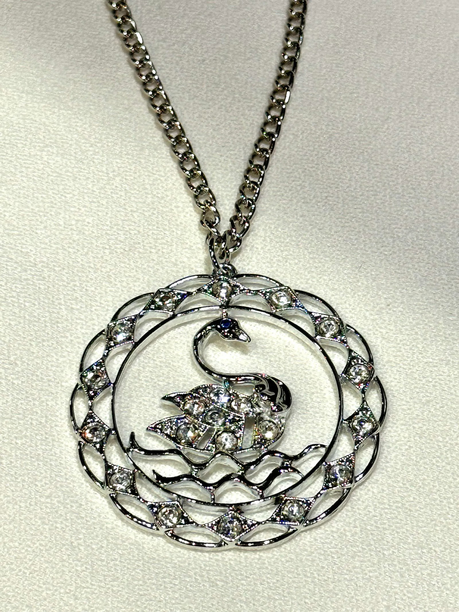 1970 Vintage Swan Rhinestone Pendant Necklace Swan Lake Sarah Coventry Costume Jewelry - 3
