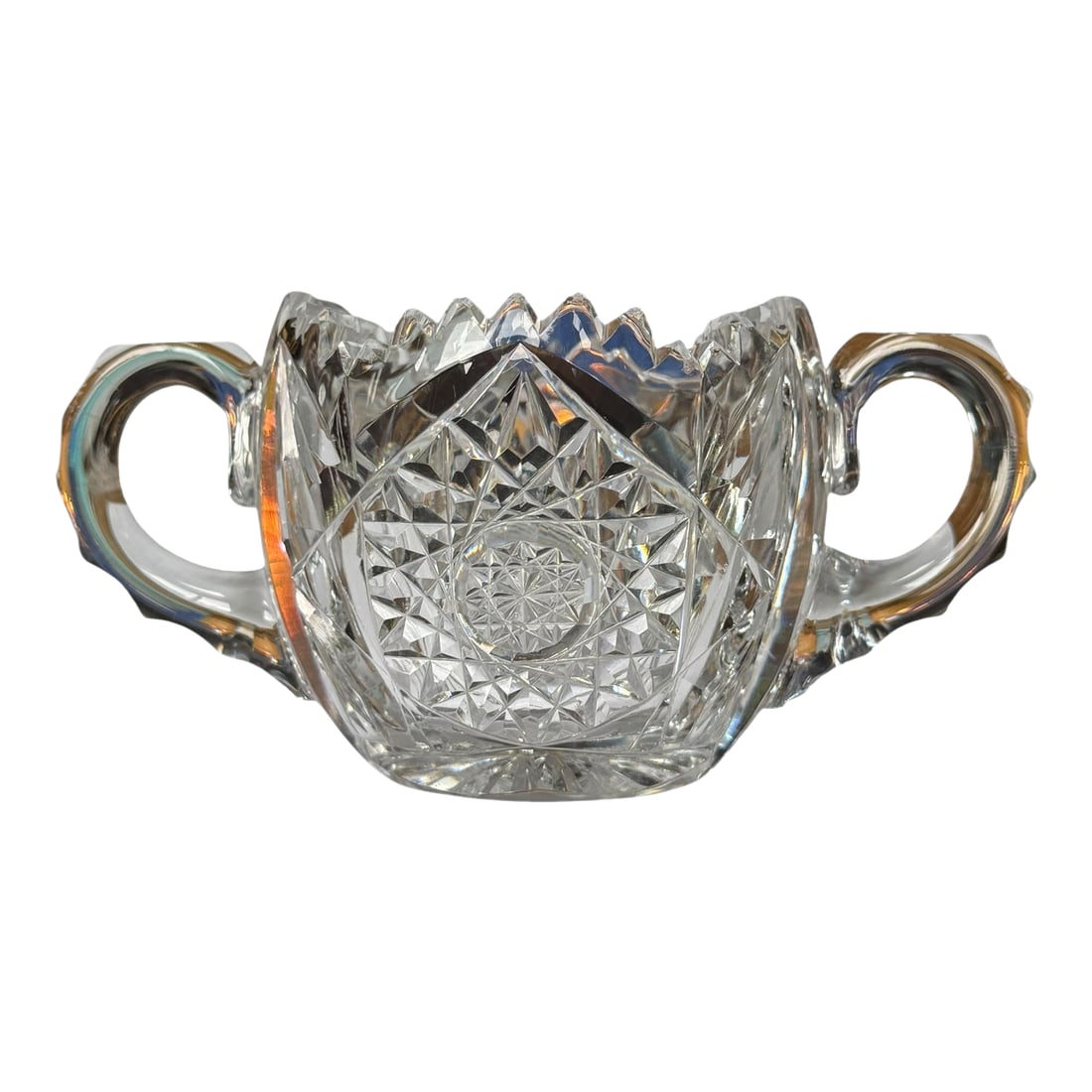 Antique Libbey Crystal Sugar Bowl American Brilliant Period Cut Glass: Less than half of American Brilliant Period glass is marked making this sugar extra special. A beautiful cut crystal double handled antique sugar bowl marked Libbey on the handle. The handles are