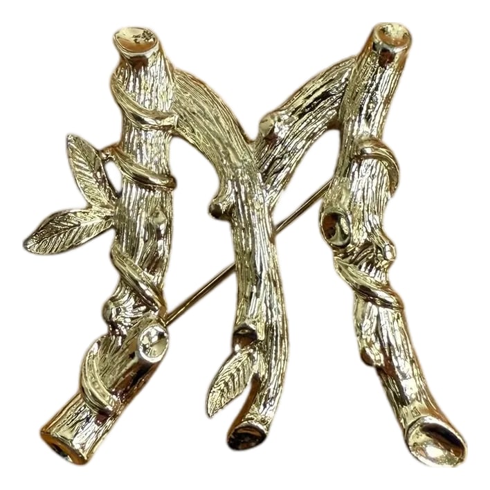 1964 Costume Brooch Letter M Organic Textured by Sarah Coventry: 1964 Sarah Coventry from Sarah Coventry's ABCs Collection. Stylized bamboo motif in the vintage gold-tone brooch with a rollover safety clasp. The pin is designed to resemble tree branches or bamboo,