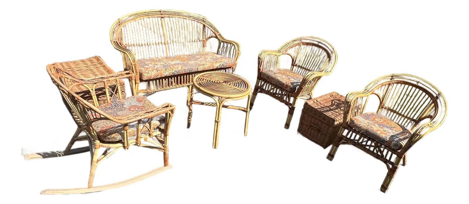 Vintage Franco Albini Style Safari Bamboo and Split Reed Patio Set 7 Pieces: Vintage potio bamboo and split rattan set consisting of one sofa, two arm chairs, one rocker, one round table, two wicker rectangular baskets. There are seatcushions included for all the furniture. th