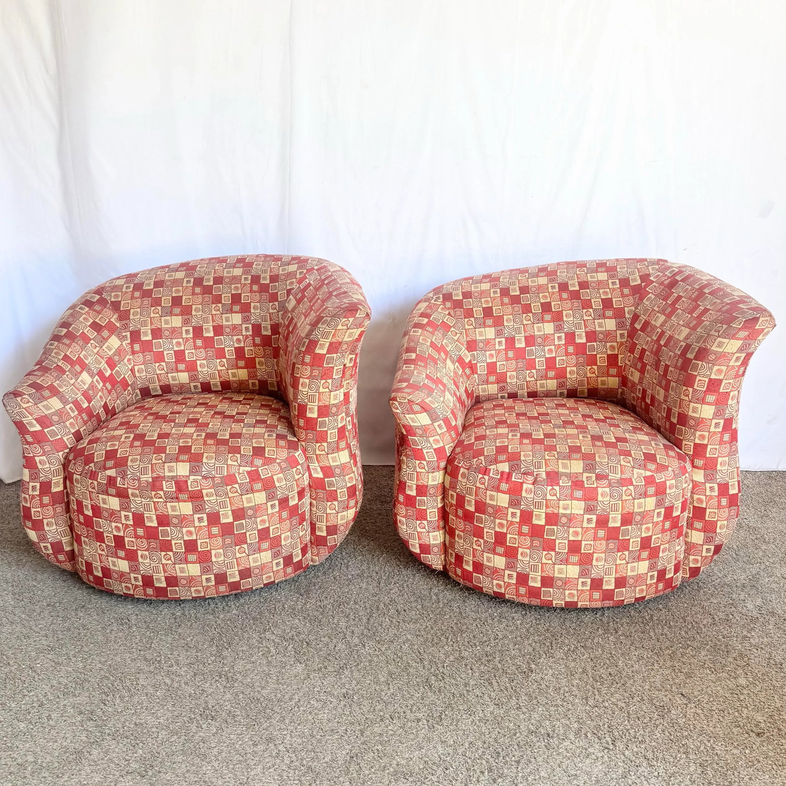 Postmodern Red and Gold Fabric Sculpted Swivel Arm Chairs - A Pair - 2
