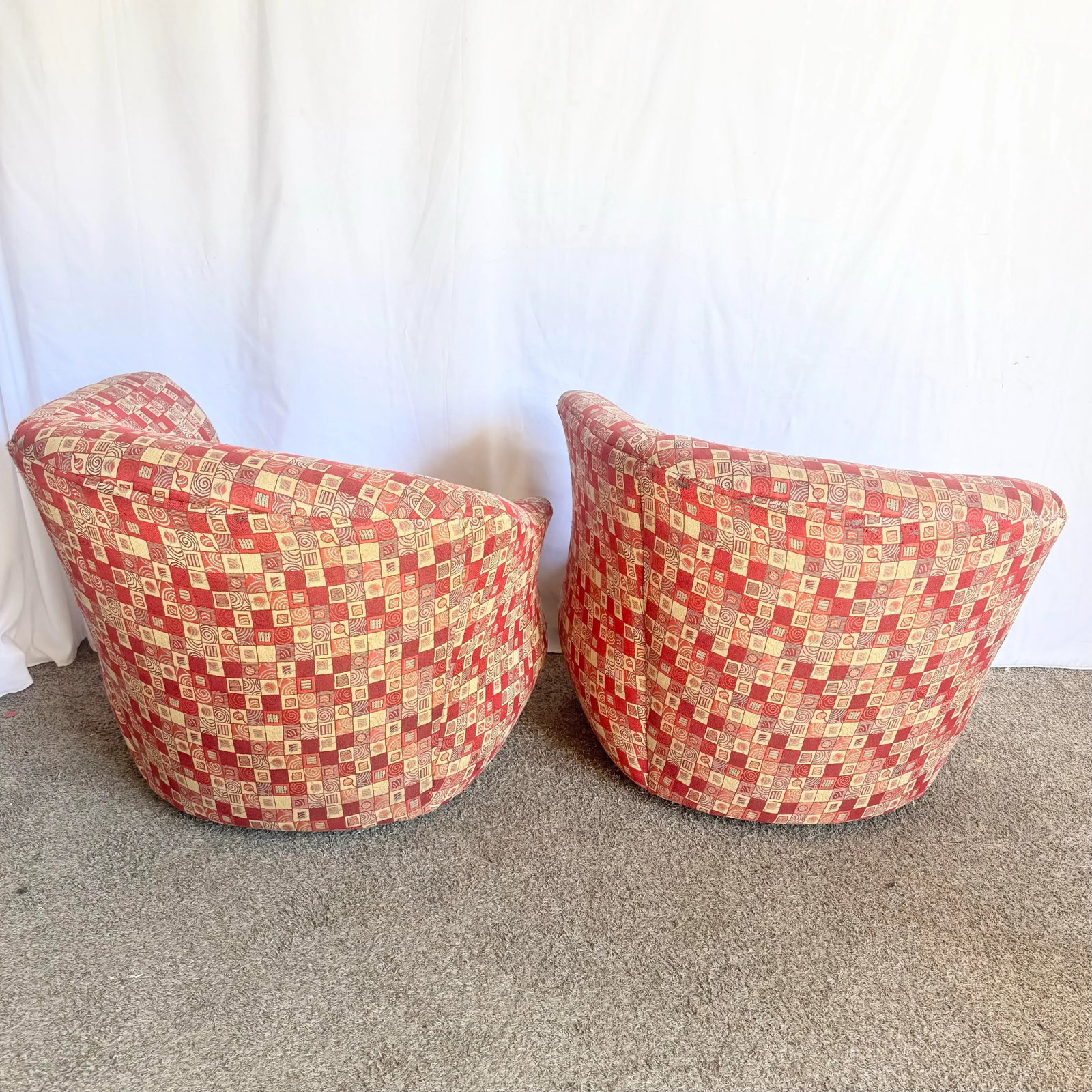 Postmodern Red and Gold Fabric Sculpted Swivel Arm Chairs - A Pair - 4