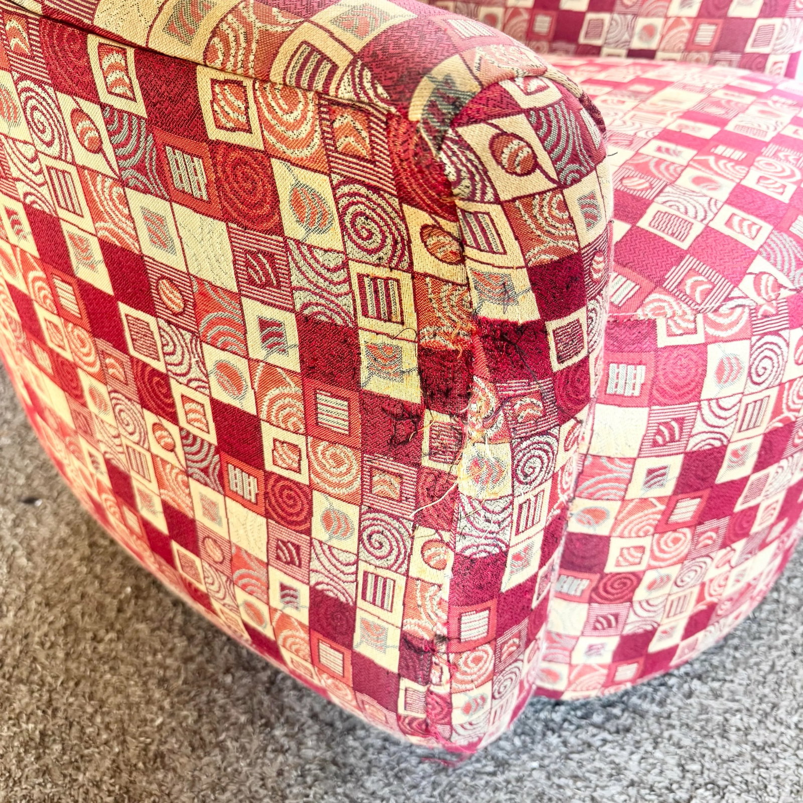 Postmodern Red and Gold Fabric Sculpted Swivel Arm Chairs - A Pair - 9