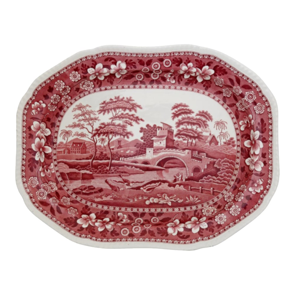 Rare - Early 1900s Copeland Red Spode's Tower 21" Turkey Platter: Generously sized Spode "Tower" pattern platter in classic red transferware, depicting an idyllic English riverscape framed by floral borders. The striking red-and-cream palette elevates traditional