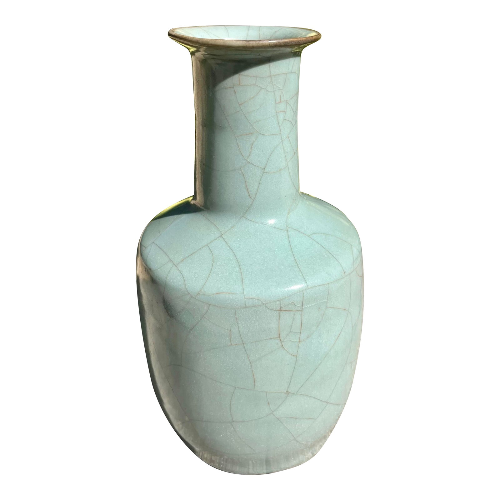 Early 20th Century Chinese Guan Type Porcelain Vase: Celadon glaze in a pale green almost blue color suffused with a matrix of crackles stopping at the footring. Condition: Alterations: Original Condition Unaltered Imperfections: Some Imperfections