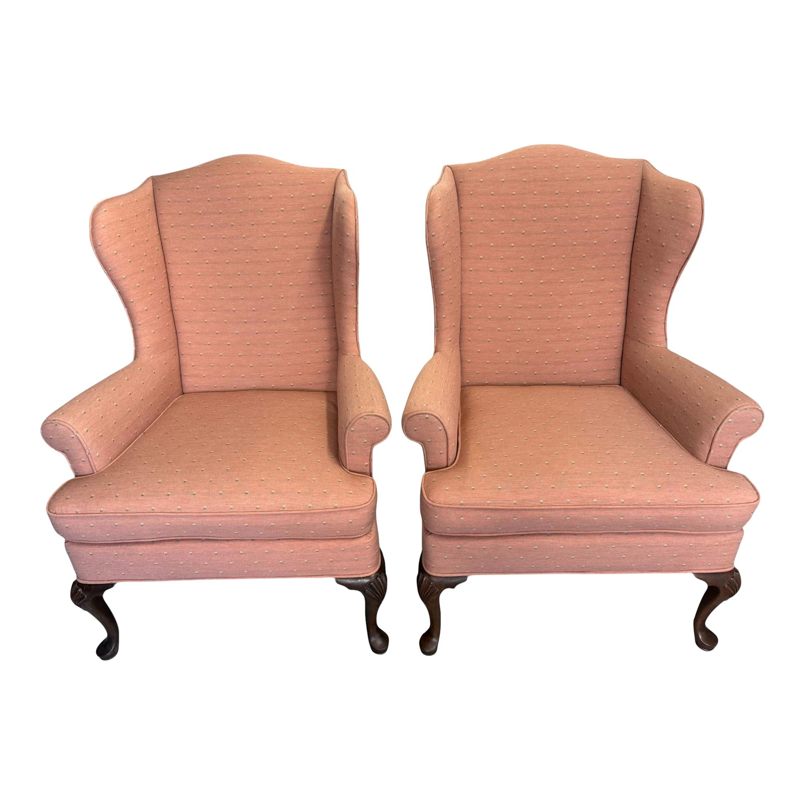 Late 20th Century Woodmark Originals Queen Anne Style Mahogany Wingback Chairs - A Pair: Woodmark Originals Queen Anne Style Mahogany Wingback Chairs - a Pair These two chairs have subtle geometric upholstery. The mahogany front legs are carved with a shell motif. Each chair has arm