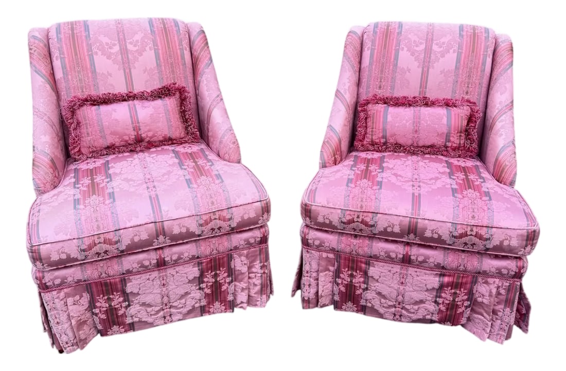 Late 20th Century Skirted Pink Striped Slipper Chair -a Pair: Skirted Pink Striped Slipper Chair -a Pair These delightful chairs are sure to bring joy to your space. They are constructed with wood frames and striped pink upholstery. The material is like a satin/