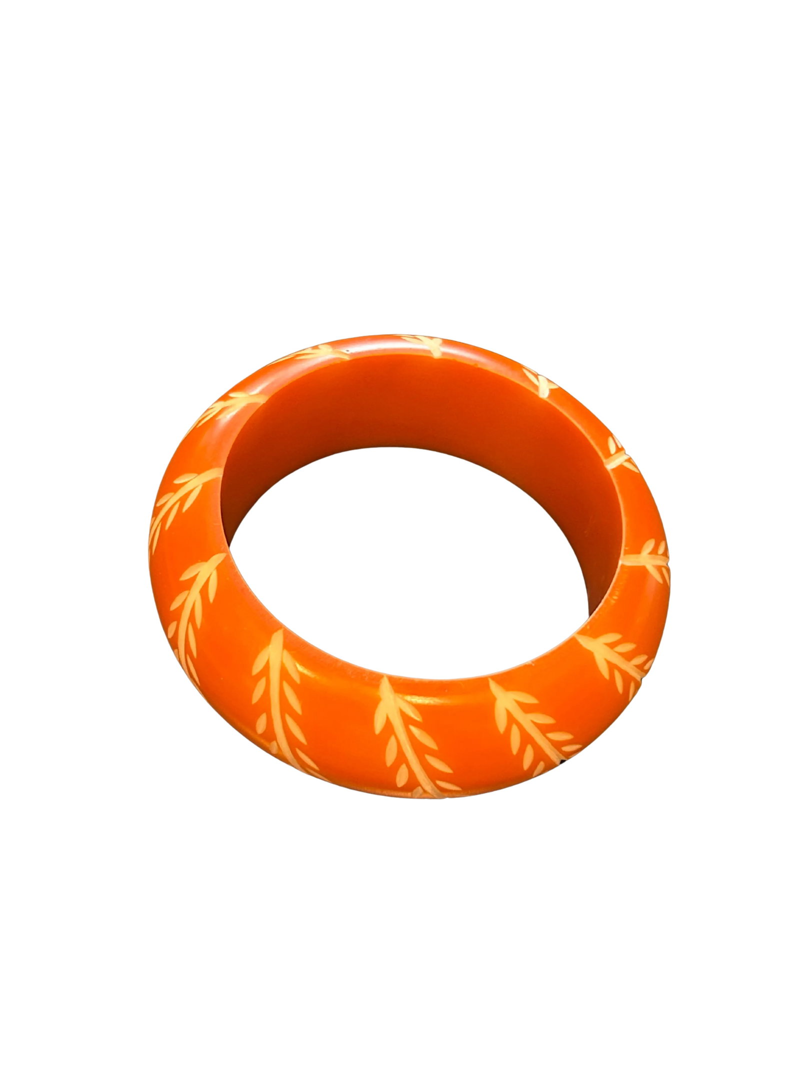 Vintage Bakelite Bangle Bracelet in Chunky Orange With Carved White Floral and Leaf Design, Domed - 2