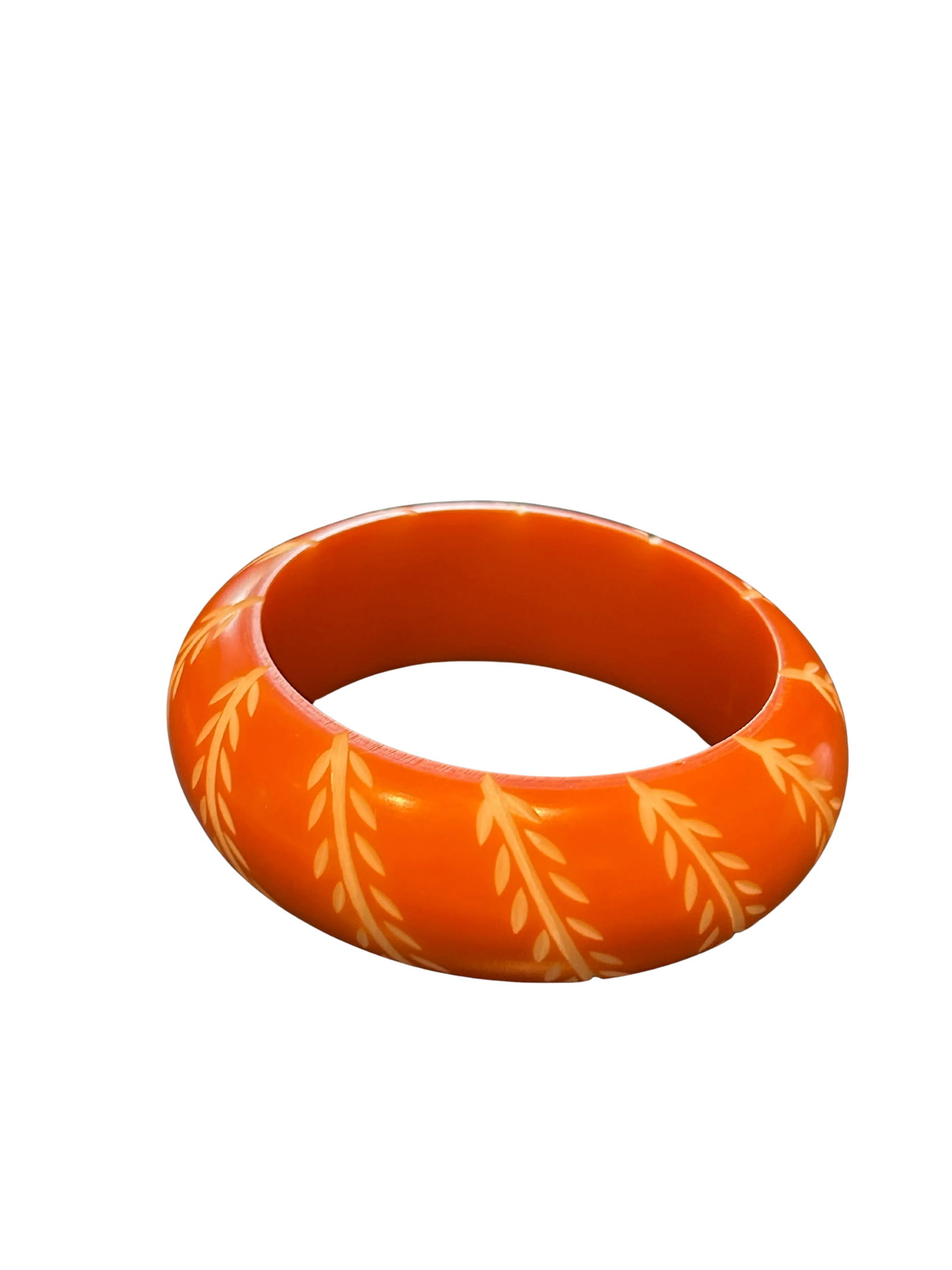 Vintage Bakelite Bangle Bracelet in Chunky Orange With Carved White Floral and Leaf Design, Domed - 3