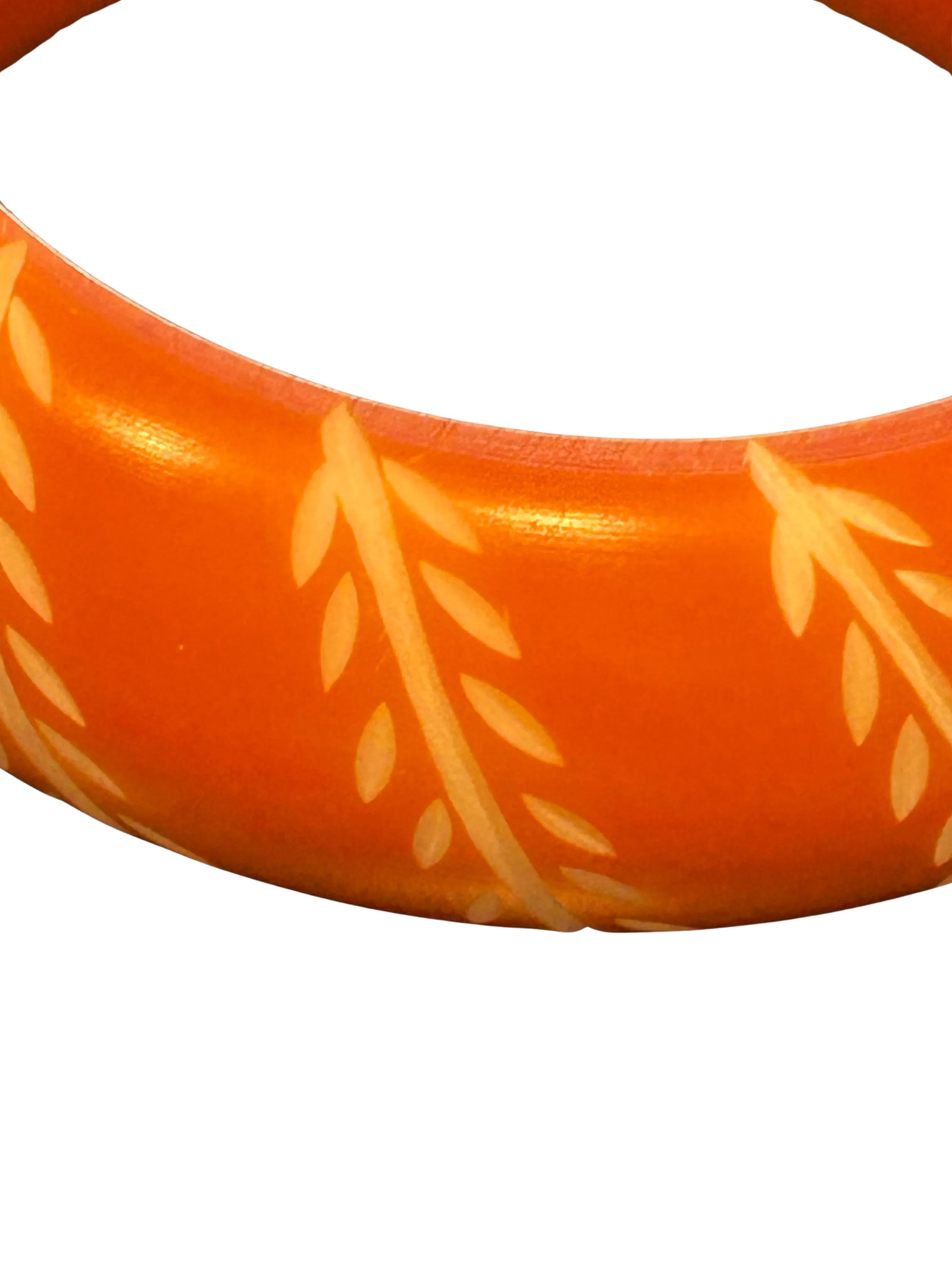 Vintage Bakelite Bangle Bracelet in Chunky Orange With Carved White Floral and Leaf Design, Domed - 4