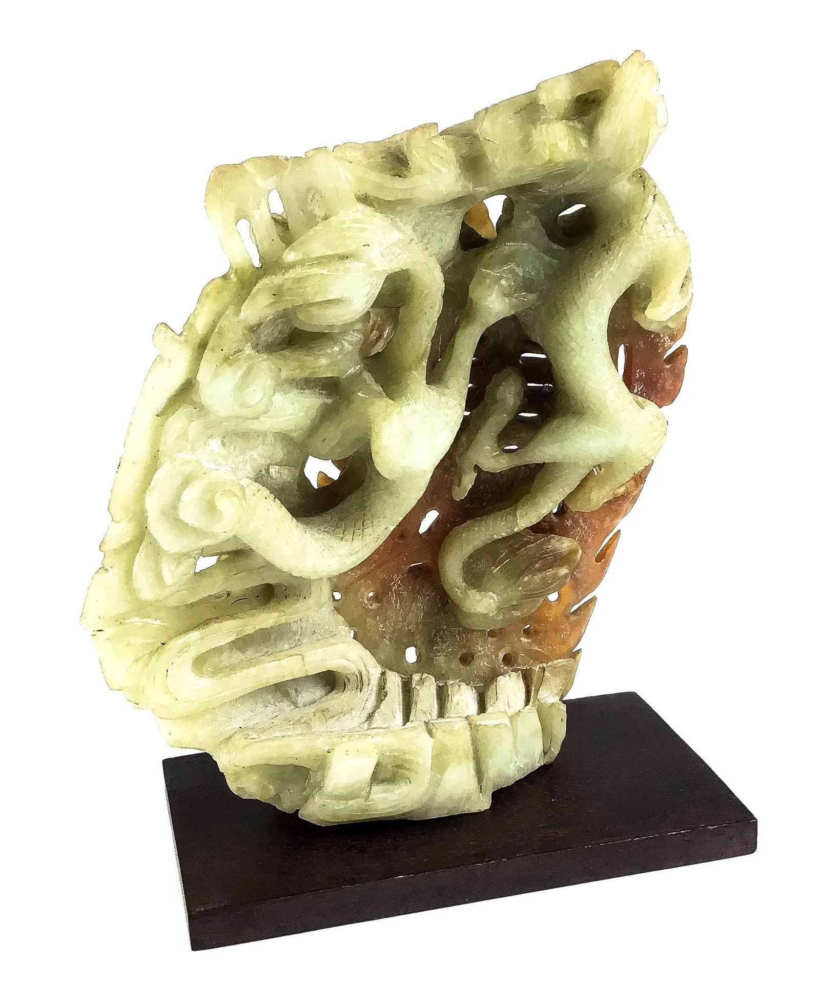 Chinese Celadon & Russet Jade Boulder Carved With 2 Dragons - 2