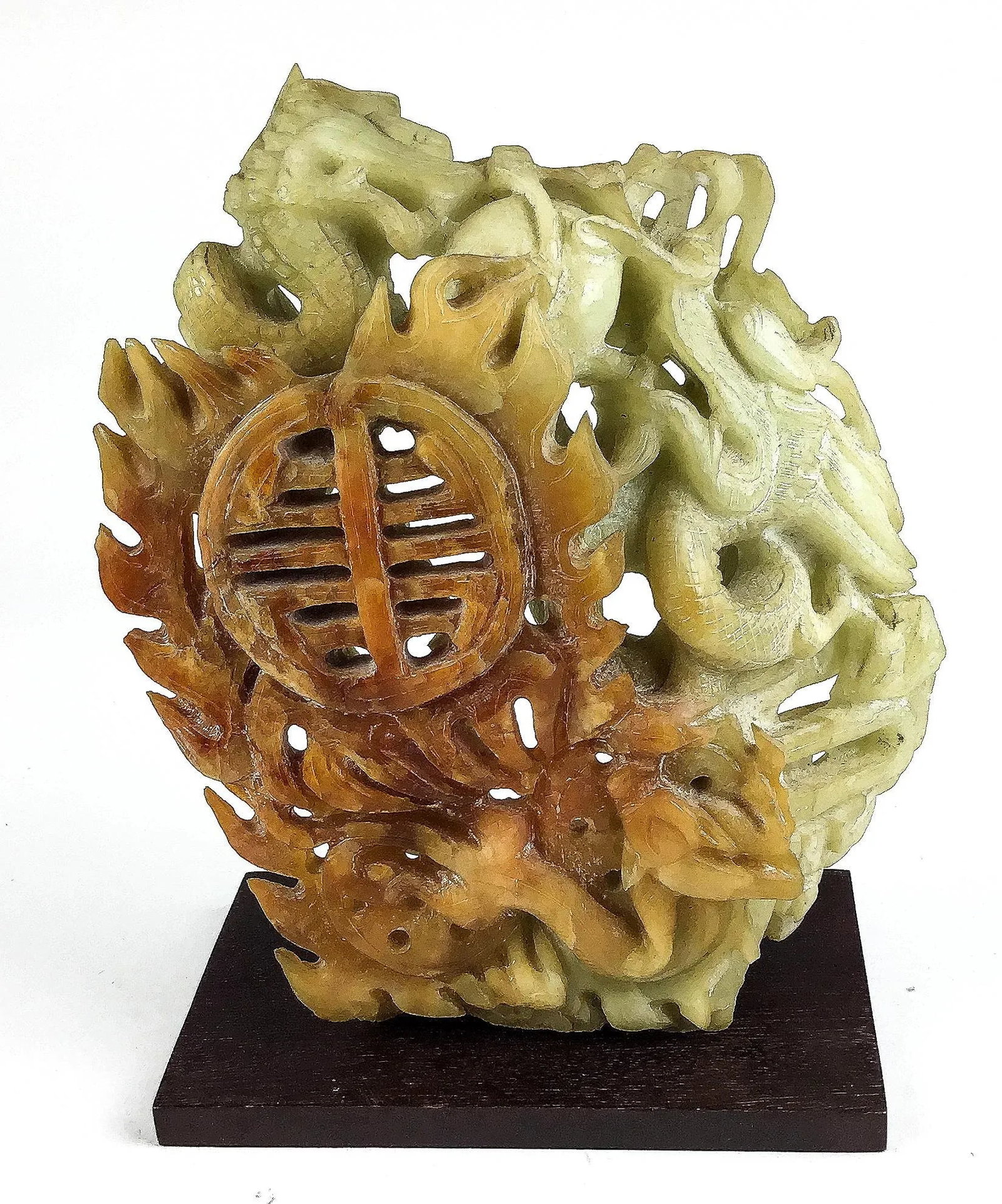 Chinese Celadon & Russet Jade Boulder Carved With 2 Dragons - 4