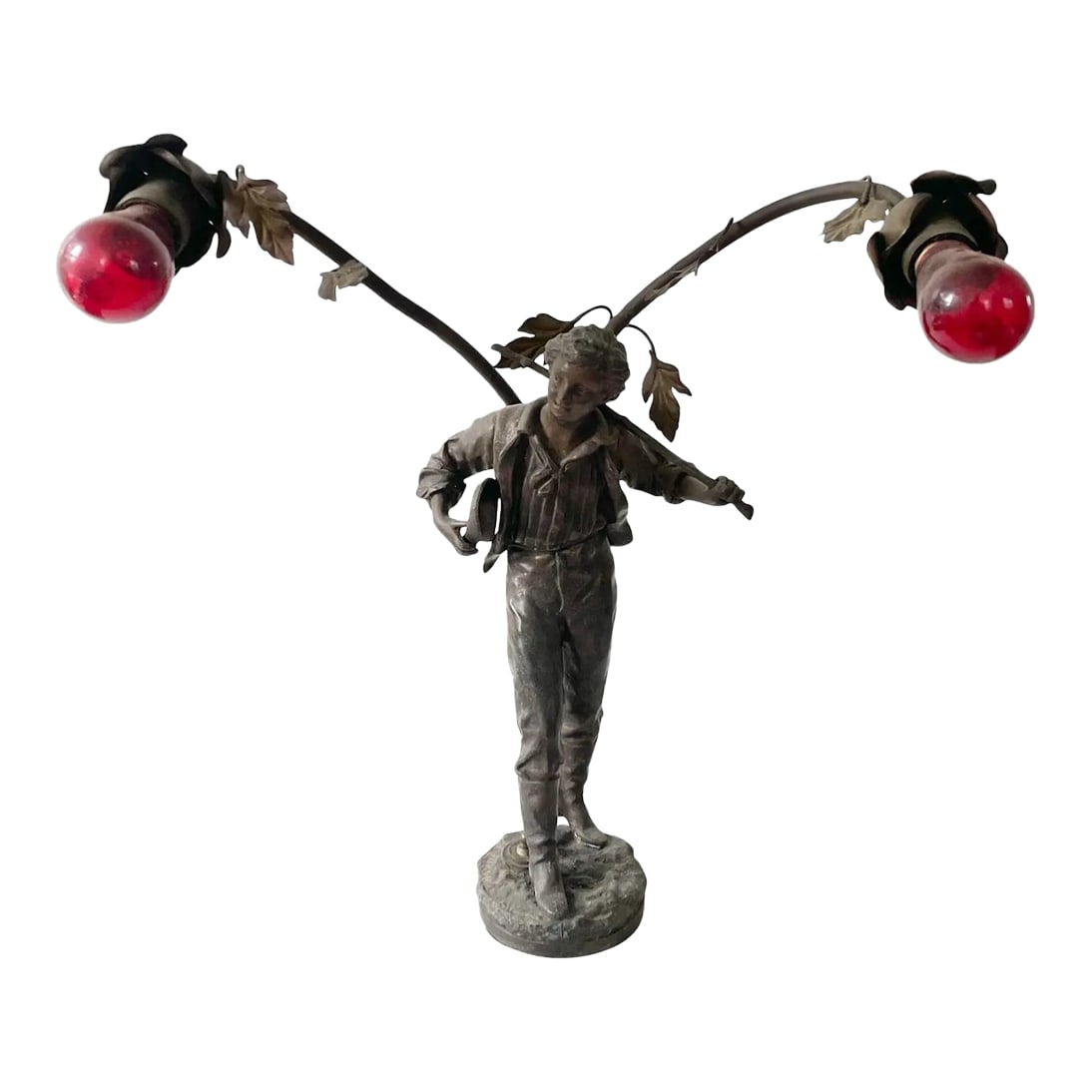 Vintage Art Nouveau Bronze Spelter Sculptured Table Lamp - Made in France: Rare bronze Spelter lamp. Made in Paris, France circa the late 19th century. Signed and stamped. The lamp is made of Beautiful working condition. This lamp depicts a leaves and a boy with a walking st